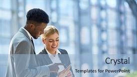  Presentation with smartphone - Audience pleasing PPT theme consisting of intercultural communication - businessman showing his colleague curious backdrop and a light blue colored foreground