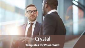  Presentation with business partner - Slide set having intercultural communication - confident delegate with tablet looking background and a violet colored foreground