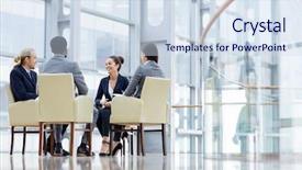  Presentation with talk - Theme having intercultural communication - four managers having talk background and a sky blue colored foreground