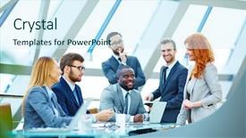  Presentation with employees - Amazing slide deck having intercultural communication - modern employees communicating at meeting backdrop and a cool aqua colored foreground