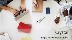  Presentation with intercultural - Colorful slide set enhanced with intercultural communication - overview of hands of students backdrop and a light gray colored foreground