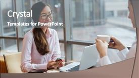  Presentation with intercultural - Colorful theme enhanced with intercultural communication - two businesswomen communicating at coffee-break backdrop and a gray colored foreground