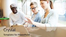  Presentation with ideas - Cool new PPT theme with intercultural communication - young casual woman presenting her backdrop and a coral colored foreground