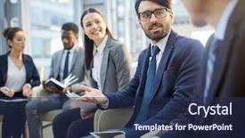  Presentation with data - PPT theme having intercultural communication - young manager explaining financial data background and a navy blue colored foreground