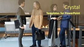  Presentation with coworkers - Presentation design enhanced with intercultural-coworkers-in-formalwear-sharing background and a violet colored foreground