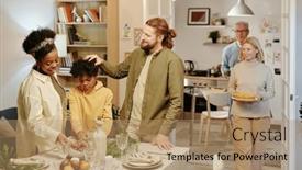  Presentation with living room family - Presentation theme having intercultural-family-of-three-standing background and a coral colored foreground