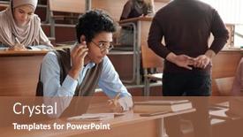  Presentation with intercultural - Amazing slide set having intercultural-guy-in-casualwear-putting backdrop and a coral colored foreground