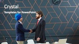  Presentation with intercultural - PPT theme with intercultural men handshaking by workplace background and a ocean colored foreground