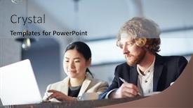  Presentation with intercultural - Presentation theme enhanced with intercultural young colleagues spending time in cafe and browsing in the net background and a light blue colored foreground