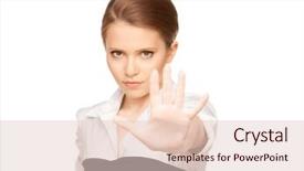  Presentation with bright - PPT theme enhanced with interdiction sign - bright picture of young woman background and a  colored foreground