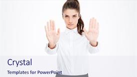  Presentation with stop - Theme consisting of interdiction sign - serious beautiful young businesswoman showing background and a sky blue colored foreground