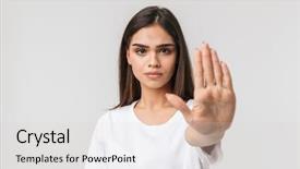  Presentation with naughty girl is standing - PPT theme consisting of interdiction sign - serious young girl standing isolated background and a lemonade colored foreground