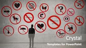  Presentation with businessman standing on mountain top - Presentation theme enhanced with interdiction sign - young businessman standing in front background and a gray colored foreground