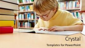  Presentation with library - PPT theme consisting of interested schoolkid reading book background and a lemonade colored foreground