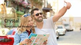  Presentation with tourists - Theme enhanced with interesting - couple of young tourists taking background and a coral colored foreground