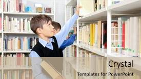  Presentation with library - PPT theme with interesting - little boys at school library background and a mint green colored foreground