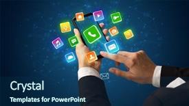  Presentation with people hold hand around globe - PPT theme consisting of interface 3d - female hand using smartphone background and a navy blue colored foreground