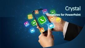  Presentation with people hold hand around globe - Colorful PPT theme enhanced with interface 3d - female hand using smartphone backdrop and a ocean colored foreground