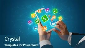  Presentation with people hold hand around globe - Slide set having interface 3d - female hand using smartphone background and a ocean colored foreground