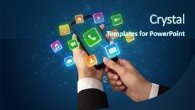  Presentation with application - Presentation theme consisting of interface 3d - female hand using smartphone background and a ocean colored foreground