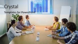  Presentation with abstract digital business interface - Slide deck enhanced with interface against attentive business team background and a light blue colored foreground