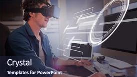  Presentation with interface - Slides with augmented reality industry - interface against businessman wearing virtual background and a navy blue colored foreground