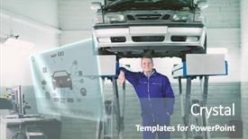  Presentation with buildings engineering construction engineers - Presentation design featuring interface against smiling mechanic lean background and a gray colored foreground