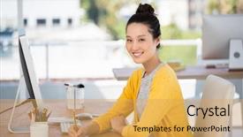  Presentation with office desk reception - PPT layouts enhanced with interio design - woman is working at her background and a  colored foreground