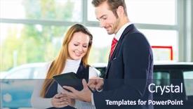  Presentation with dealership - Colorful slide set enhanced with seller or car salesman backdrop and a ocean colored foreground