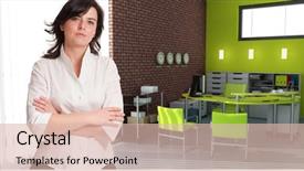  Presentation with green office - Slides with interior design furniture - woman standing in an office background and a lemonade colored foreground