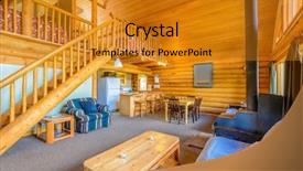  Presentation with interior cottage - PPT theme with interior design of a luxury living room in a small log cabin or cottage background and a gold colored foreground