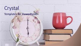  Presentation with white brick - Slides enhanced with interior design with alarm clock stack of books and pink cup on tabletop on white brick wall background background and a sky blue colored foreground