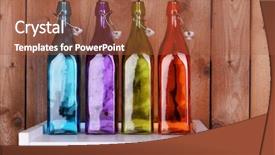  Presentation with interior design - Presentation having interior design with colorful glass bottles on tabletop on wooden planks background background and a red colored foreground
