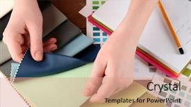  Presentation with working woman - Colorful slide set enhanced with interior designers - woman working with scraps backdrop and a coral colored foreground