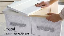  Presentation with hands holding - Cool new presentation theme with interior designes modular kitchen - female hands holding sample backdrop and a  colored foreground