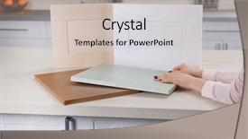  Presentation with kitchen furniture - Presentation consisting of interior designes modular kitchen - female hands holding samples background and a  colored foreground