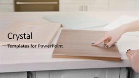  Presentation with kitchen furniture - Amazing PPT layouts having interior designes modular kitchen - female hands showing samples backdrop and a soft green colored foreground