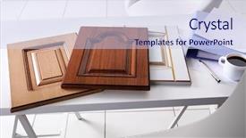  Presentation with furniture - Colorful slide deck enhanced with interior designes modular kitchen - samples of panels with imitation backdrop and a sky blue colored foreground