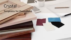  Presentation with wood rustic urban furniture - Slide set having interior designes modular kitchen - samples of wooden panels pieces background and a soft green colored foreground