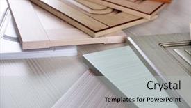  Presentation with kitchen furniture - Slide deck featuring interior designes modular kitchen - samples of wooden panels background and a light gray colored foreground