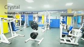  Presentation with sport - Audience pleasing theme consisting of interior of a fitness hall with wights and other sport equipment backdrop and a light gray colored foreground