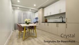  Presentation with dining table - Slide deck consisting of interior-of-a-large-spacious background and a coral colored foreground