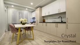  Presentation with dining table - Presentation theme featuring interior-of-a-large-spacious background and a coral colored foreground