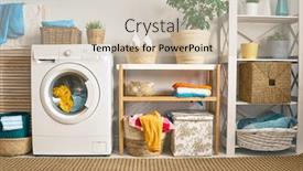  Presentation with china clothes washing machine - PPT theme enhanced with interior of a real laundry room with a washing machine at home background and a soft green colored foreground