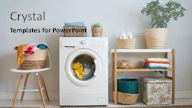  Presentation with laundry room - Presentation consisting of interior of a real laundry room with a washing machine at home background and a light gray colored foreground