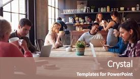 Presentation with customers - Beautiful PPT theme featuring interior of coffee shop backdrop and a coral colored foreground
