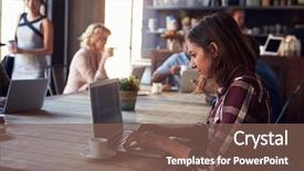  Presentation with customers - PPT theme enhanced with interior of coffee shop background and a violet colored foreground