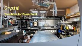  Presentation with restaurant kitchen - Beautiful slide deck featuring interior-of-large-kitchen backdrop and a tawny brown colored foreground