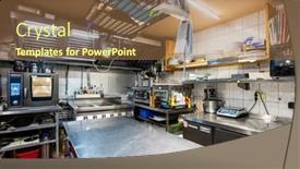  Presentation with restaurant equipment - PPT theme enhanced with interior-of-large-kitchen background and a tawny brown colored foreground