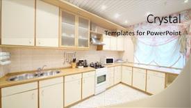  Presentation with kitchen furniture - Slide set consisting of interior of modern kitchen with beige furniture and a stove background and a soft green colored foreground